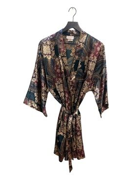 Vintage Inner Most Paisley Satin Robe - Gold & Teal size XL